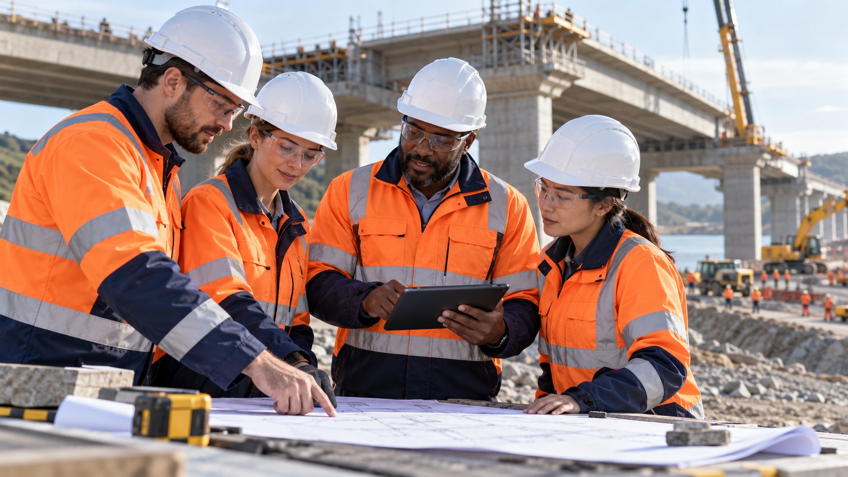 Construction professionals reviewing plans